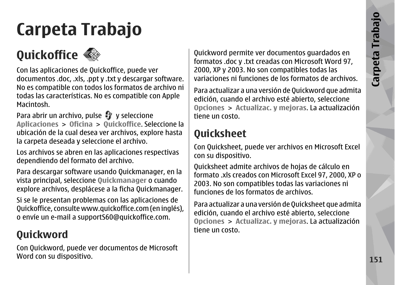 Carpeta trabajo, Quickoffice, Quickword | Quicksheet | Nokia N78 User Manual | Page 323 / 368