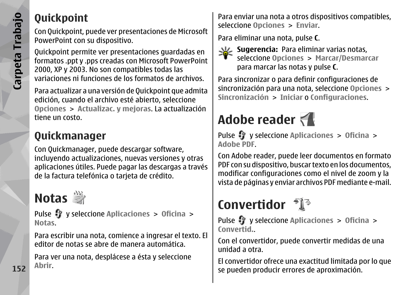 Quickpoint, Quickmanager, Notas | Adobe reader, Convertidor, Carpeta trabajo | Nokia N78 User Manual | Page 324 / 368