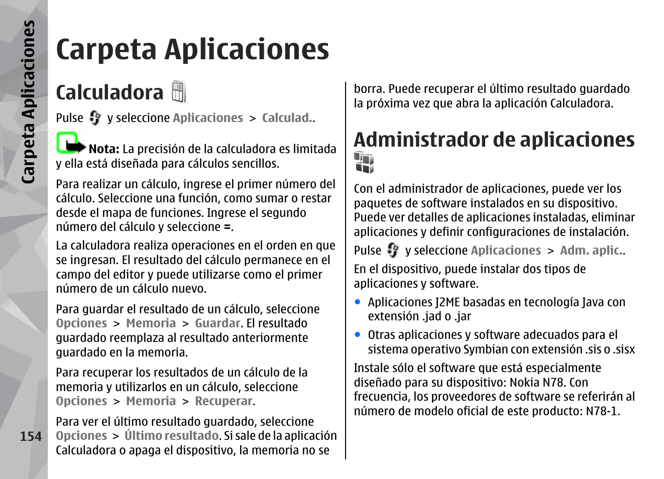 Carpeta aplicaciones, Calculadora, Administrador de aplicaciones | Ca rp eta aplica cion es | Nokia N78 User Manual | Page 326 / 368
