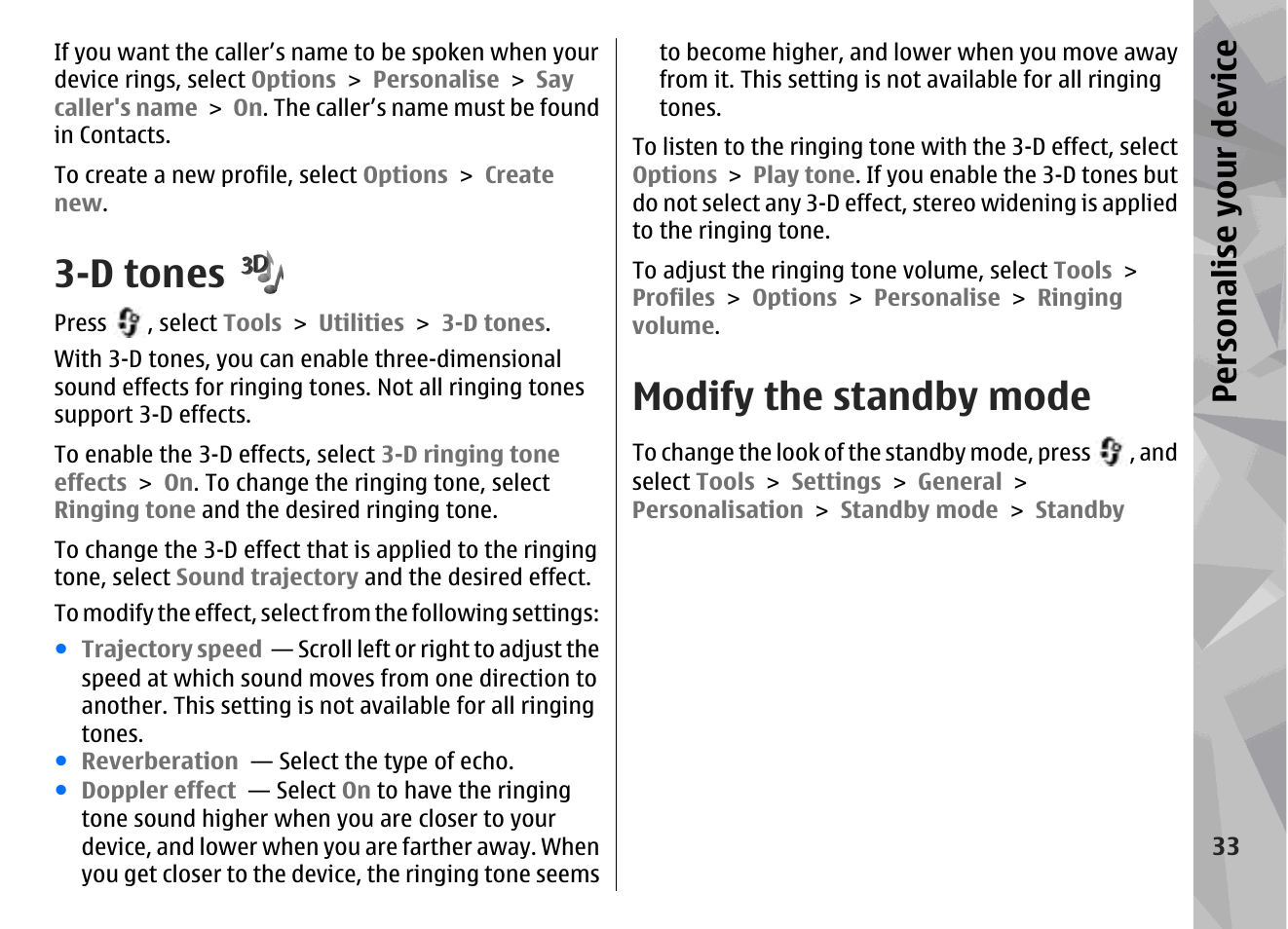 D tones, Modify the standby mode, Persona lise your de vice | Nokia N78 User Manual | Page 33 / 368