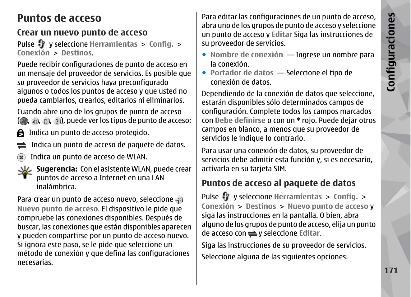 Puntos de acceso, Crear un nuevo punto de acceso, Puntos de acceso al paquete de datos | Consulte, Puntos de acceso", pág. 171, Configuraciones | Nokia N78 User Manual | Page 343 / 368