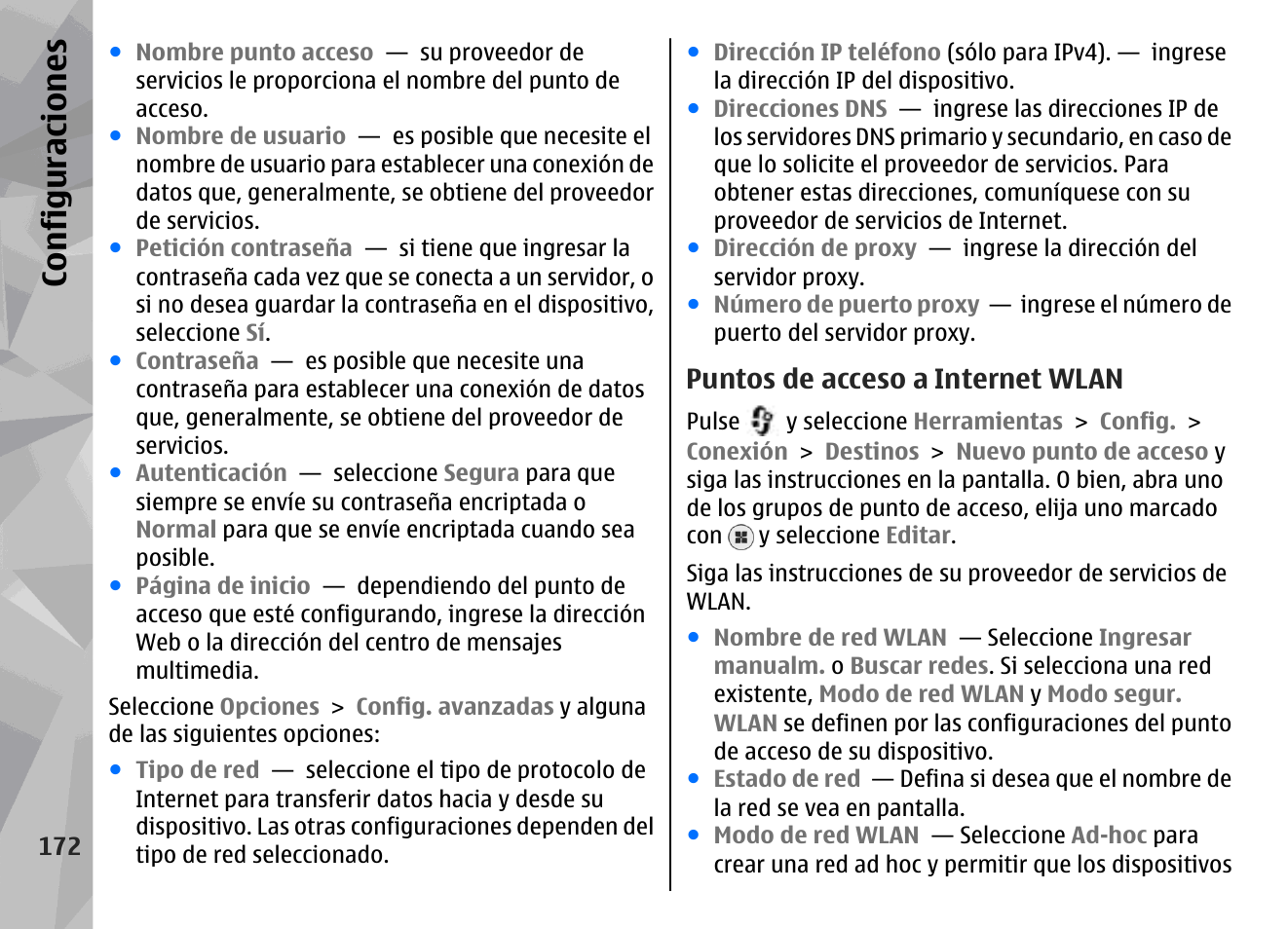 Puntos de acceso a internet wlan, Configuraciones | Nokia N78 User Manual | Page 344 / 368