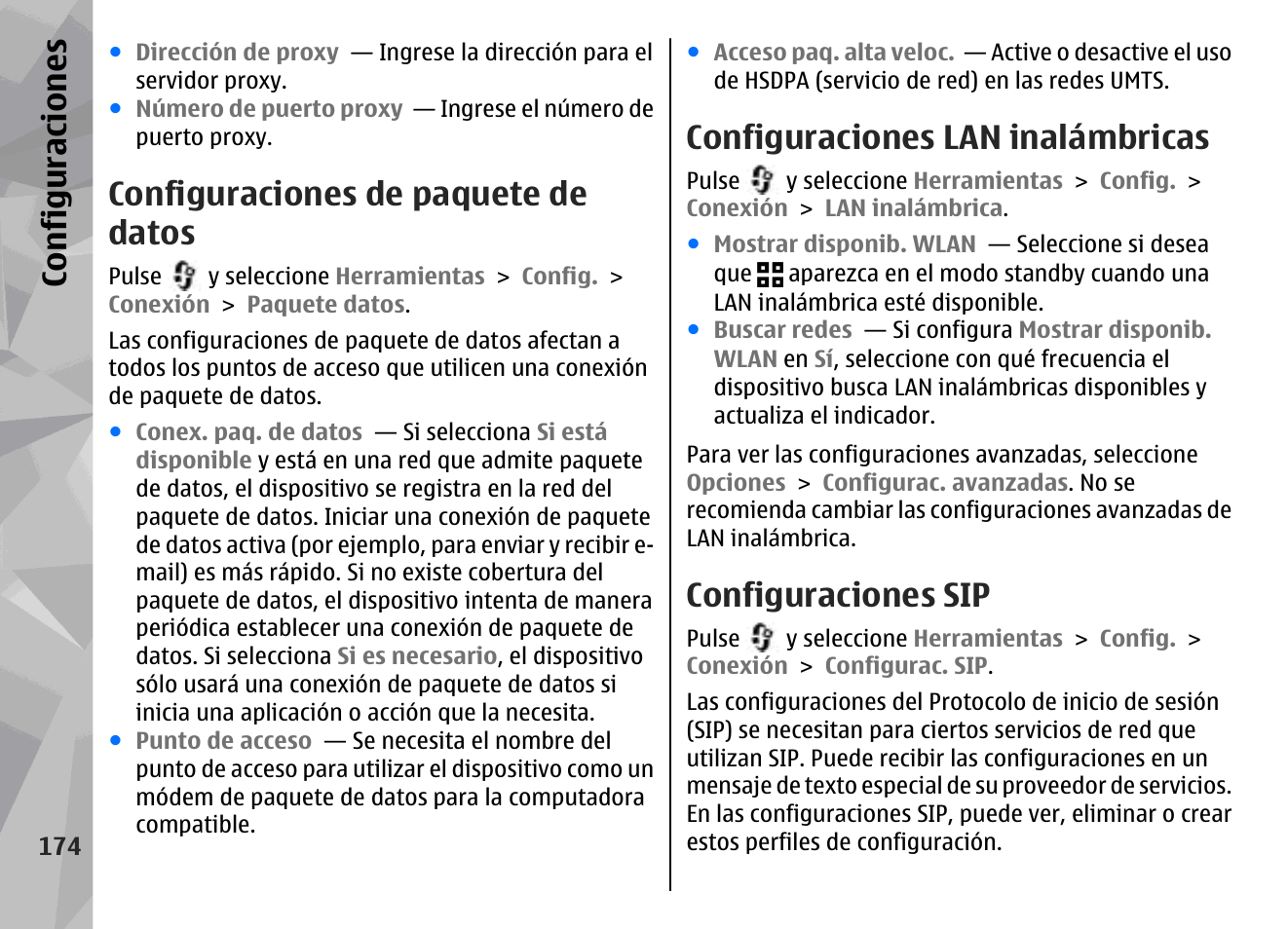 Configuraciones de paquete de datos, Configuraciones lan inalámbricas, Configuraciones sip | Consulte, Configuraciones de paquete de datos", pág. 174, Configuraciones | Nokia N78 User Manual | Page 346 / 368