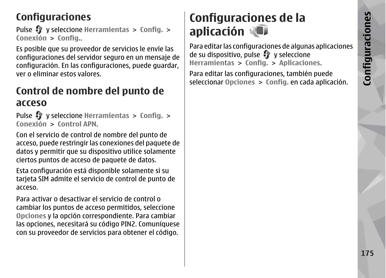 Configuraciones, Control de nombre del punto de acceso, Configuraciones de la aplicación | Nokia N78 User Manual | Page 347 / 368