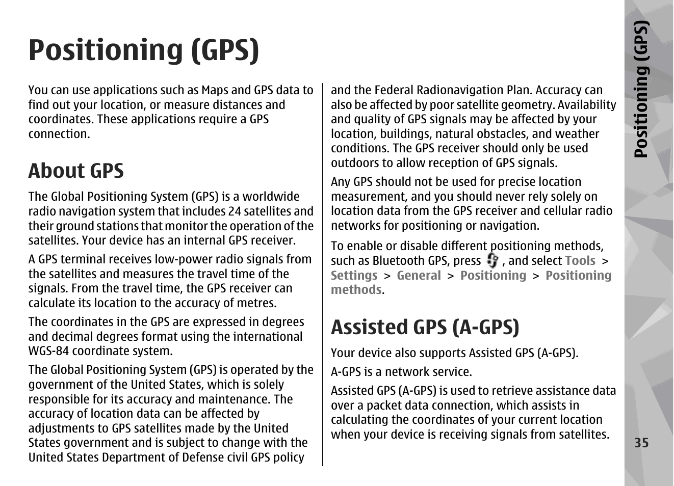 Positioning (gps), About gps, Assisted gps (a-gps) | See "positioning, Gps)", p. 35 | Nokia N78 User Manual | Page 35 / 368