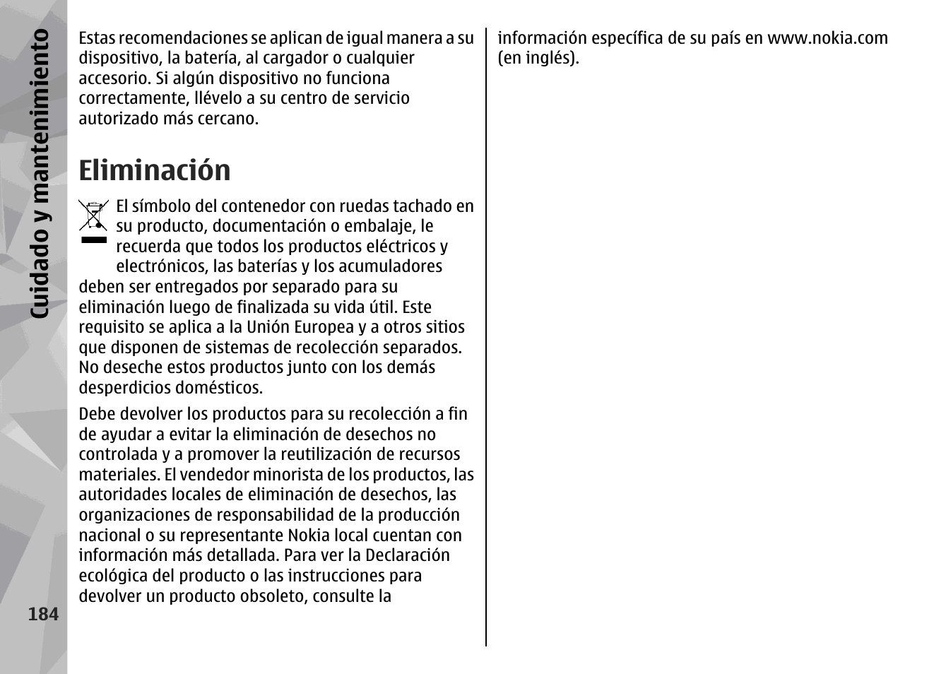 Eliminación, Cuidado y m antenimiento | Nokia N78 User Manual | Page 356 / 368