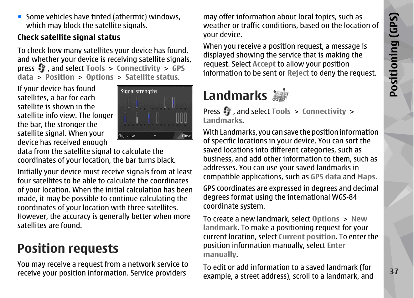 Position requests, Landmarks, Positioning (gps) | Nokia N78 User Manual | Page 37 / 368