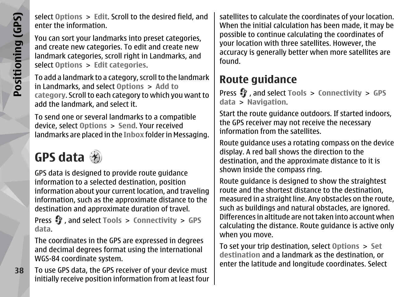Gps data, Route guidance, Positioning (gps) | Nokia N78 User Manual | Page 38 / 368