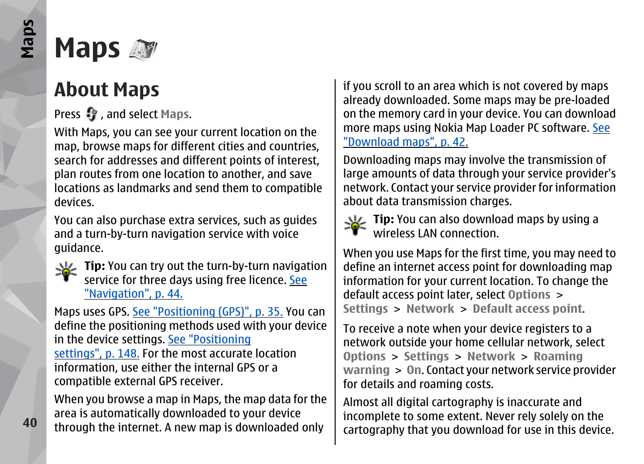 Maps, About maps, See "maps", p. 40 | Nokia N78 User Manual | Page 40 / 368
