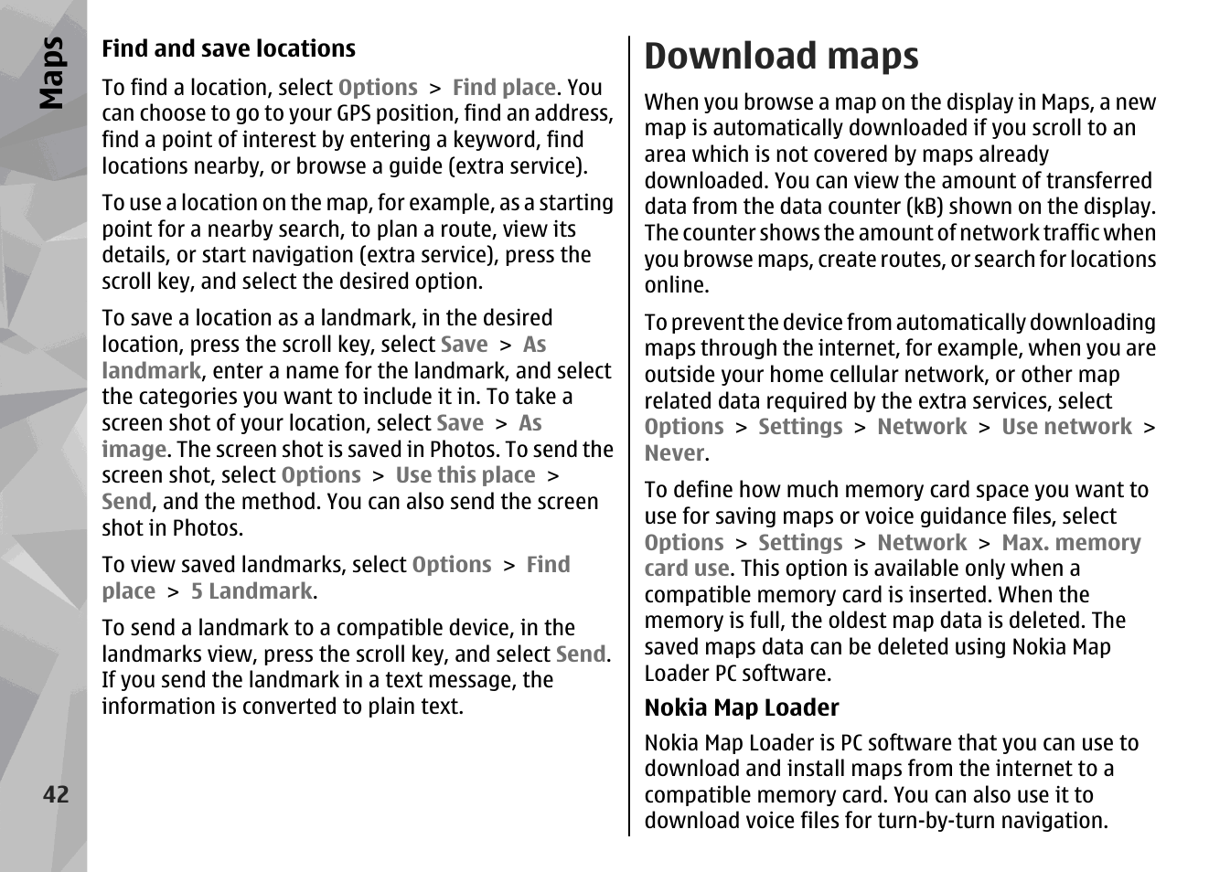 Download maps, Download maps", p. 42, Maps | Nokia N78 User Manual | Page 42 / 368
