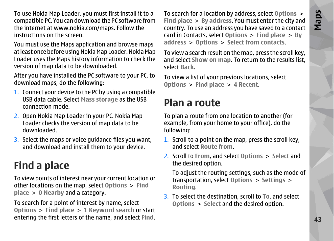 Find a place, Plan a route, Maps | Nokia N78 User Manual | Page 43 / 368
