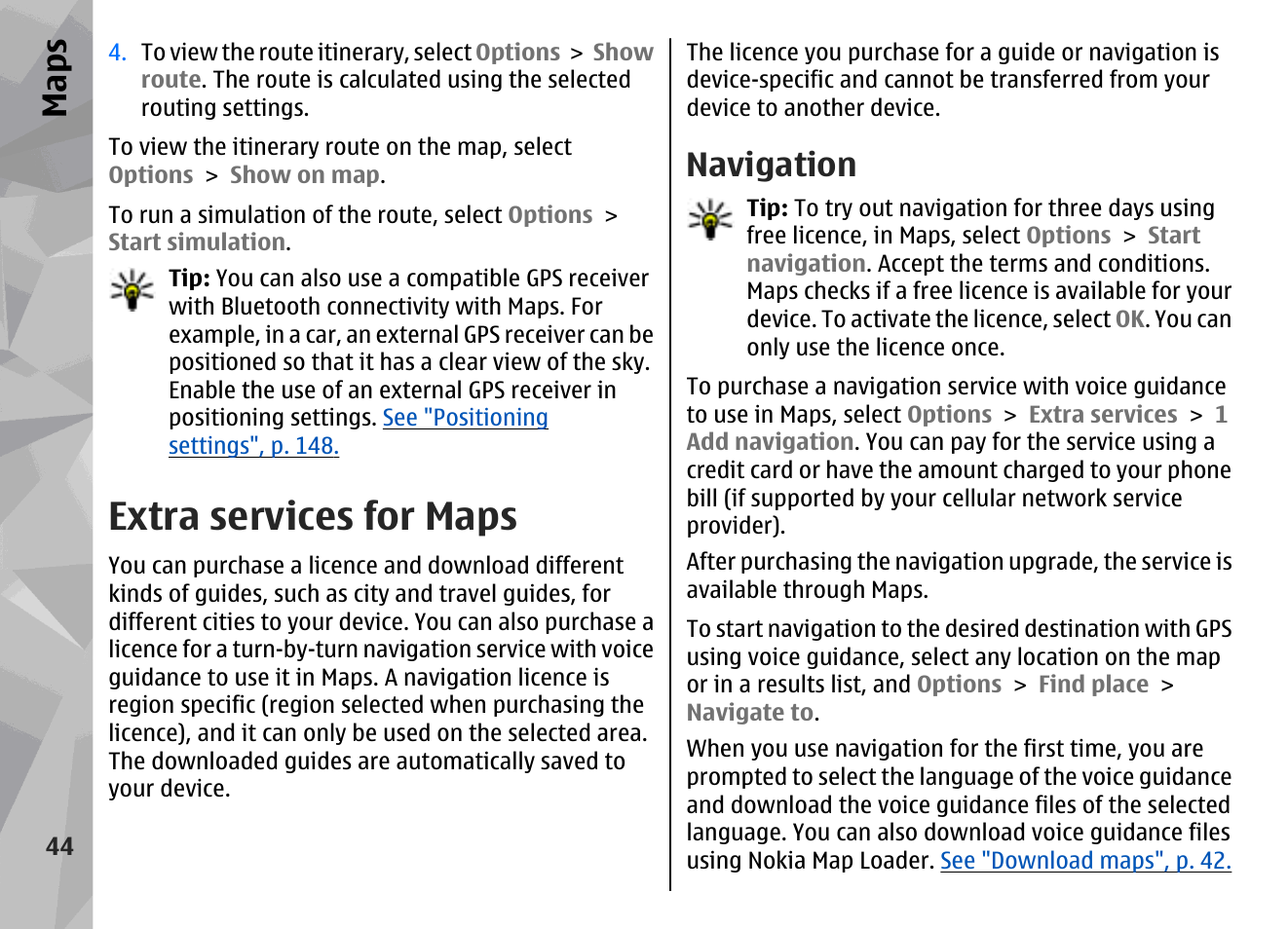Extra services for maps, Navigation, Navigation", p. 44 | Maps | Nokia N78 User Manual | Page 44 / 368