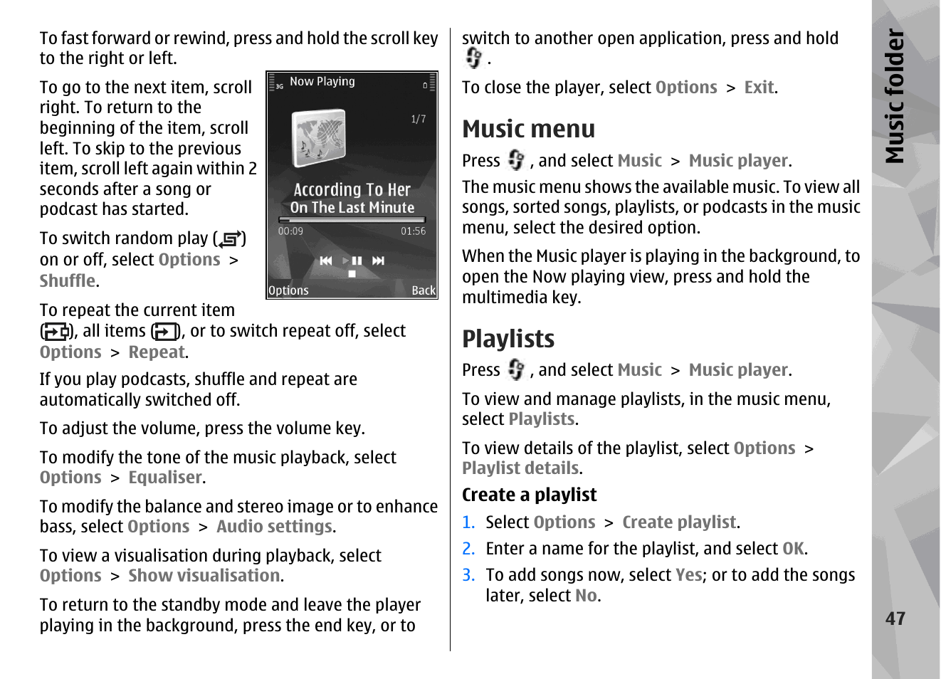 Music menu, Playlists, Music fol der | Nokia N78 User Manual | Page 47 / 368