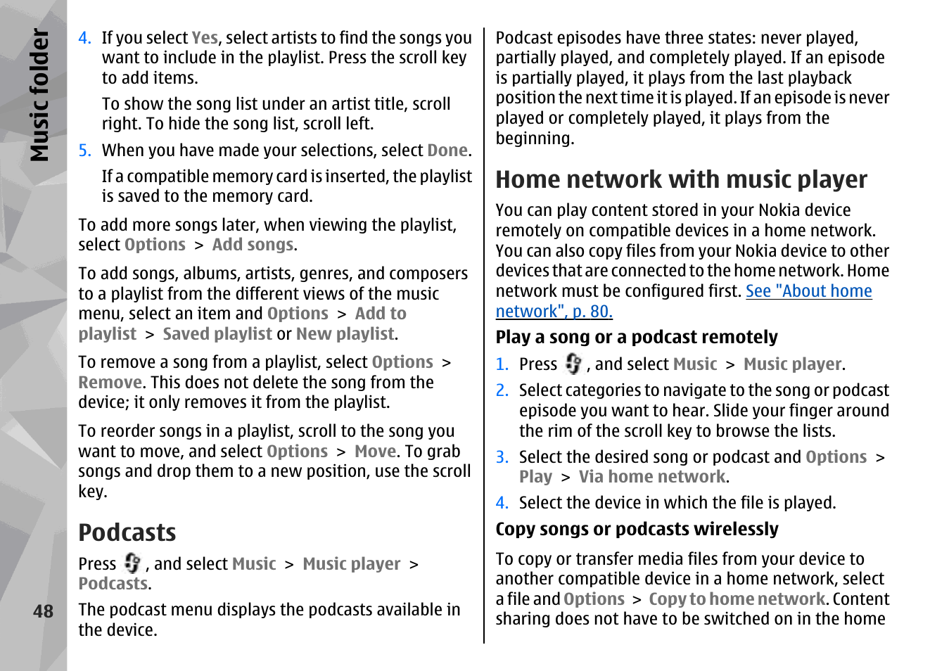 Podcasts, Home network with music player, Music fol der | Nokia N78 User Manual | Page 48 / 368