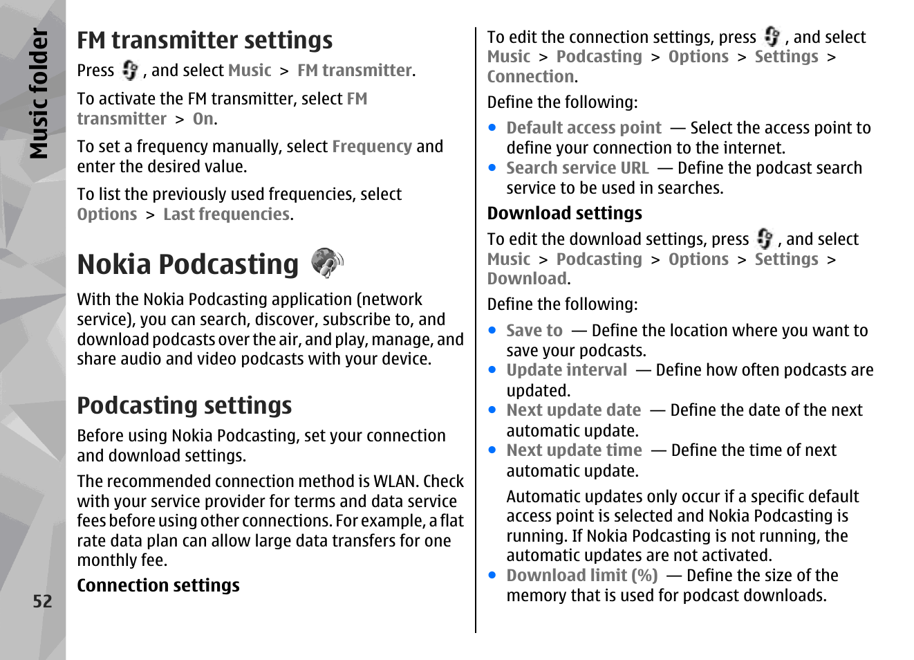 Fm transmitter settings, Nokia podcasting, Podcasting settings | Music fol der | Nokia N78 User Manual | Page 52 / 368