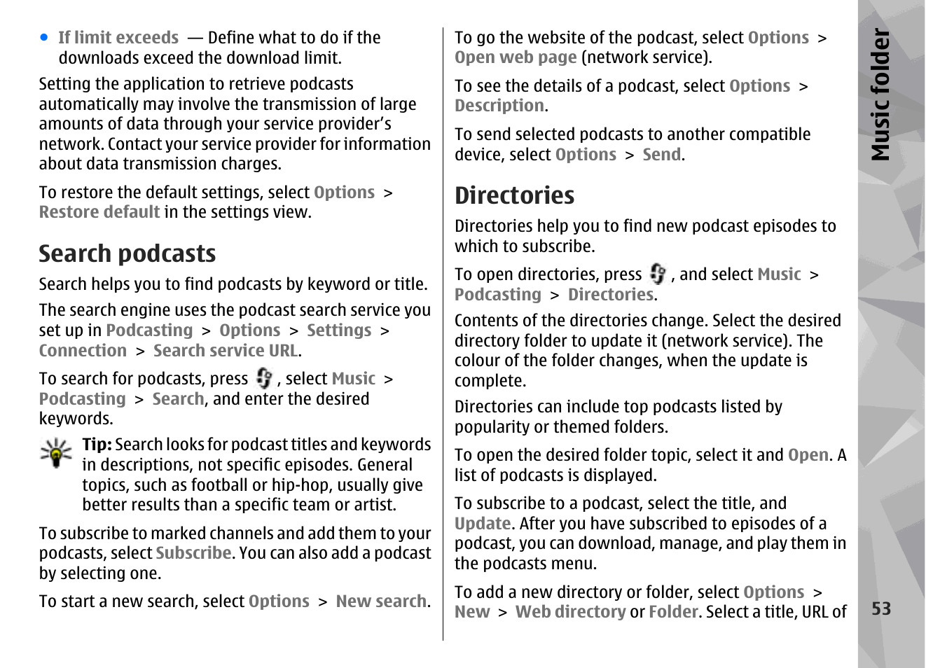 Search podcasts, Directories, Music fol der | Nokia N78 User Manual | Page 53 / 368