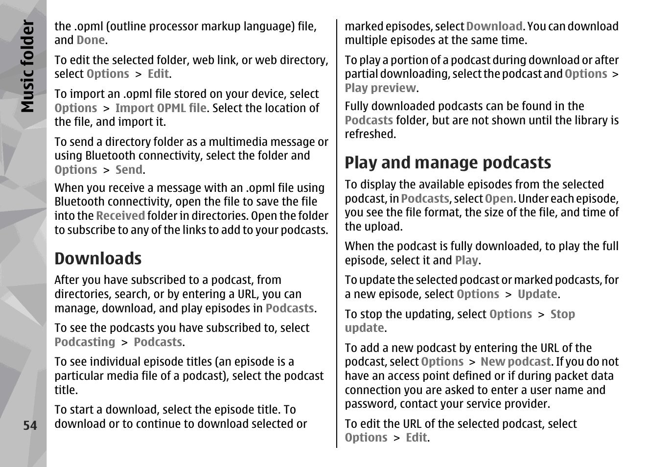 Downloads, Play and manage podcasts, Music fol der | Nokia N78 User Manual | Page 54 / 368