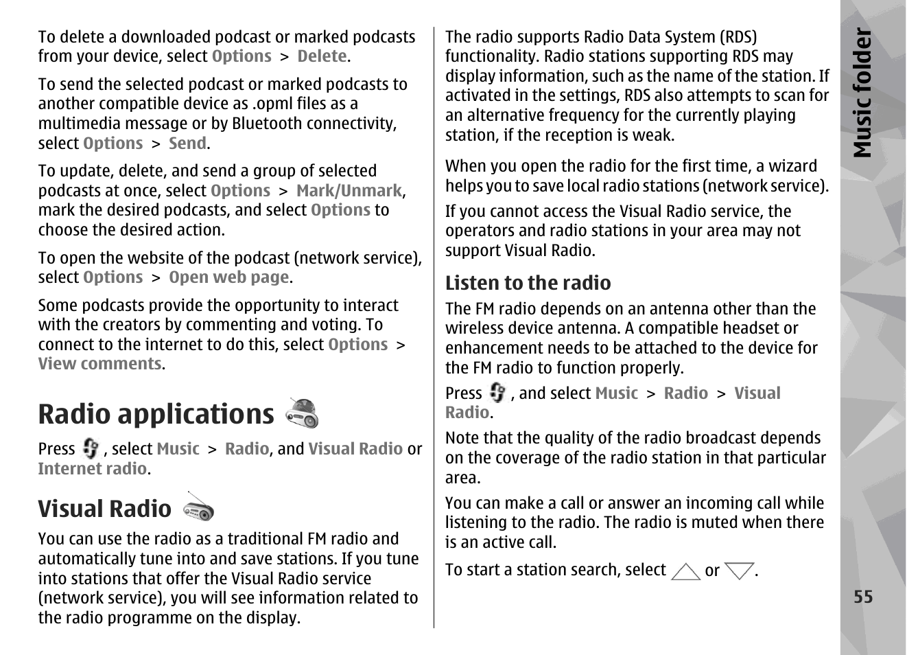 Radio applications, Visual radio, Listen to the radio | Music fol der | Nokia N78 User Manual | Page 55 / 368