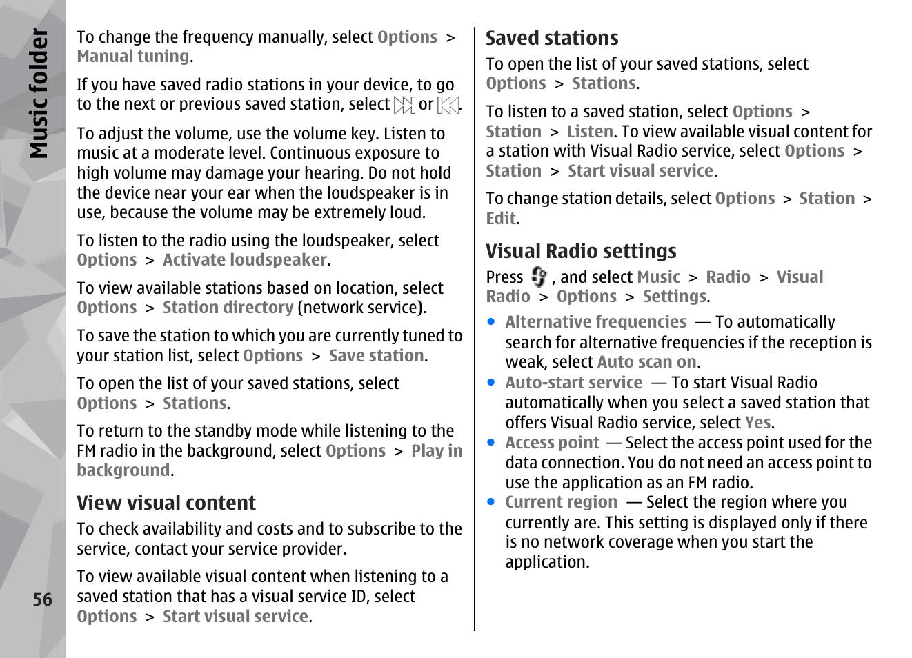 View visual content, Saved stations, Visual radio settings | Music fol der | Nokia N78 User Manual | Page 56 / 368