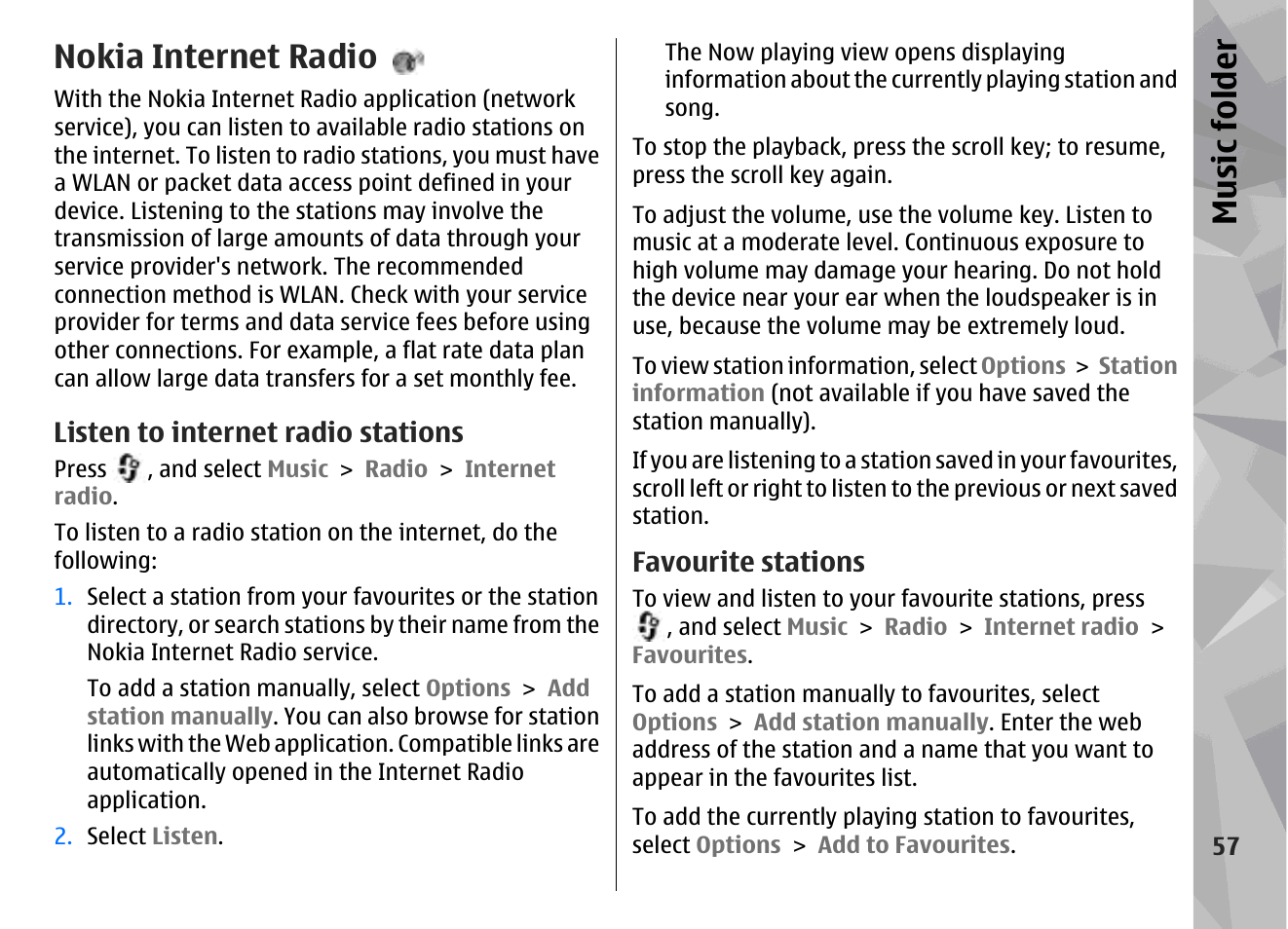 Nokia internet radio, Listen to internet radio stations, Favourite stations | Music fol der | Nokia N78 User Manual | Page 57 / 368