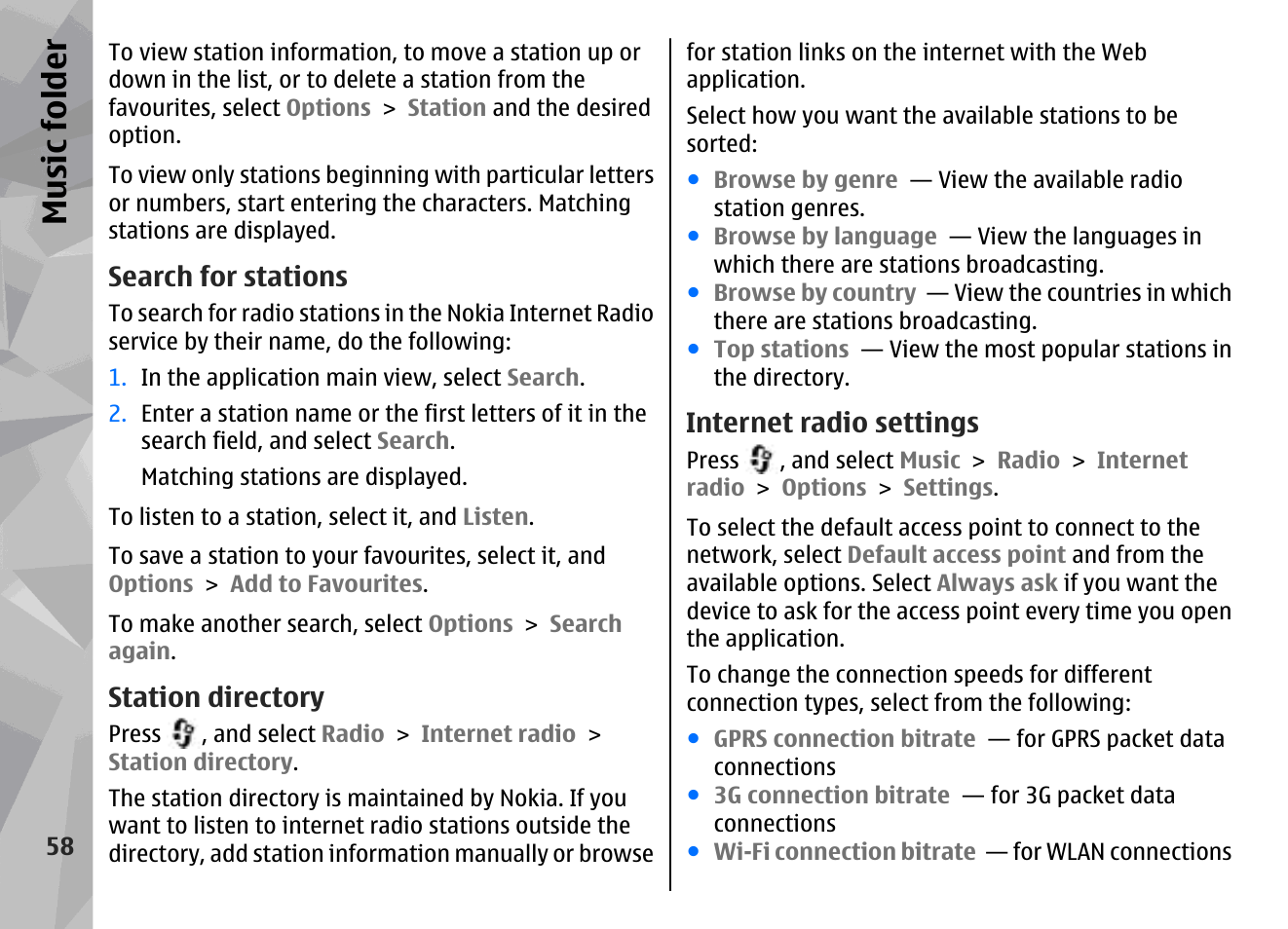Search for stations, Station directory, Internet radio settings | Music fol der | Nokia N78 User Manual | Page 58 / 368