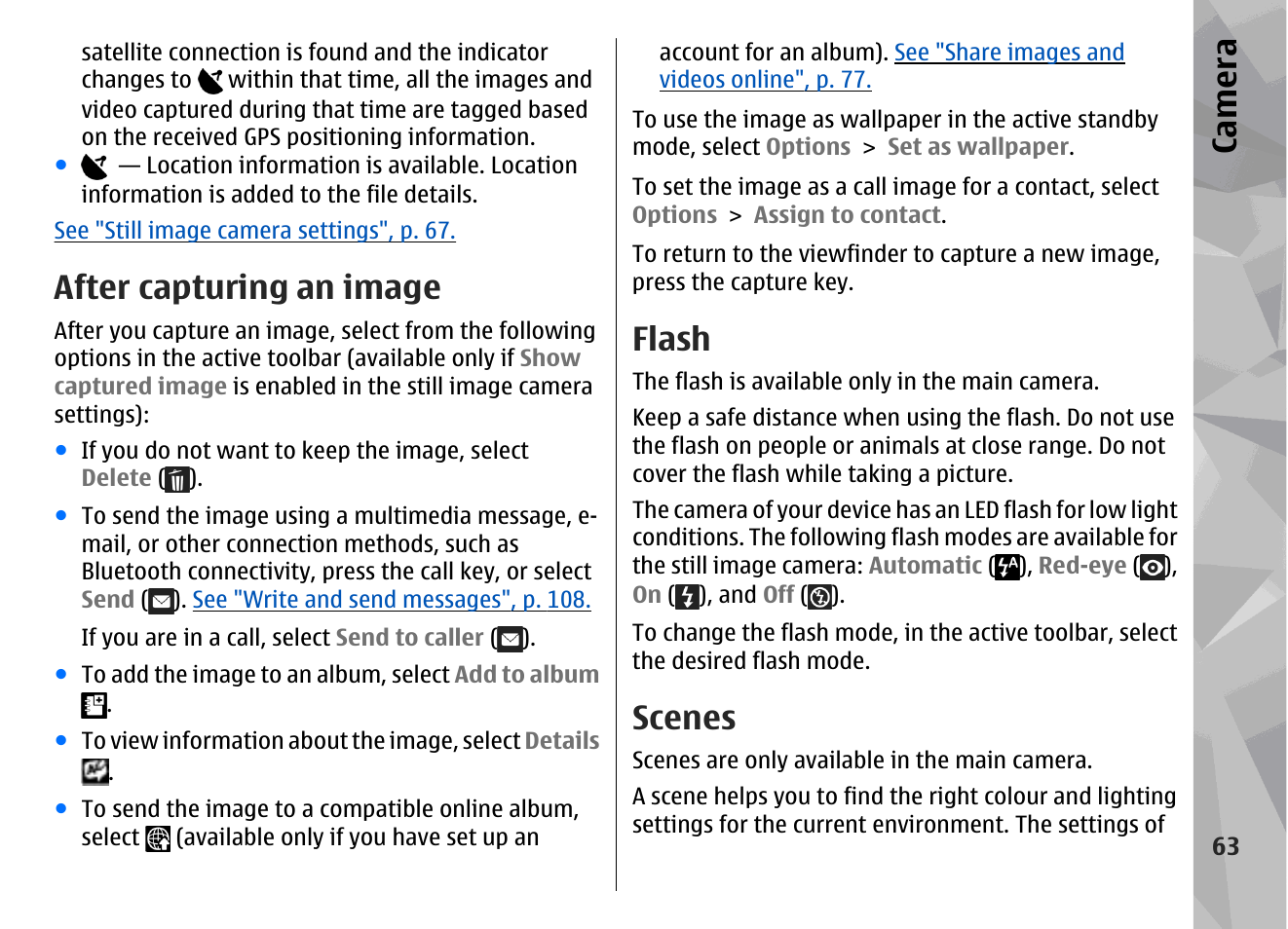 After capturing an image, Flash, Scenes | See "after capturing an, Image", p. 63, Ca mera | Nokia N78 User Manual | Page 63 / 368