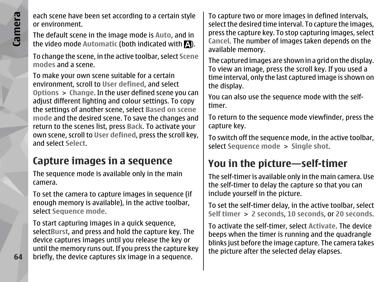 Capture images in a sequence, You in the picture—self-timer, See "you in | The picture—self-timer", p. 64, Capture images in a sequence", p. 64, Ca mera | Nokia N78 User Manual | Page 64 / 368