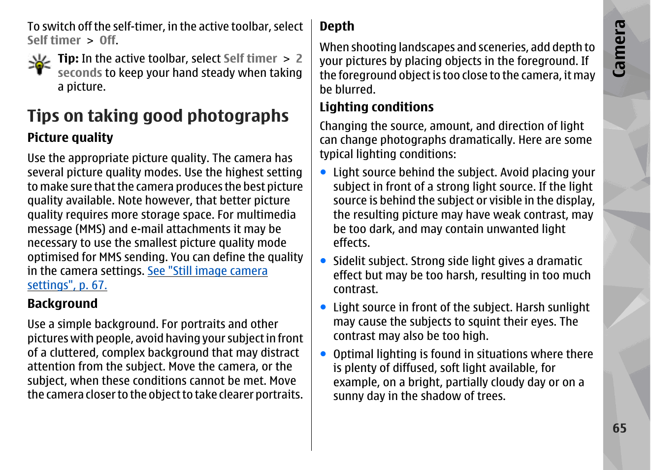 Tips on taking good photographs, Ca mera | Nokia N78 User Manual | Page 65 / 368