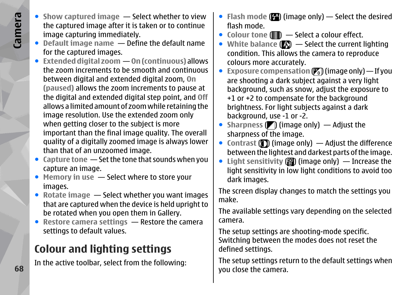 Colour and lighting settings, See "colour and lighting, Settings", p. 68 | Ca mera | Nokia N78 User Manual | Page 68 / 368