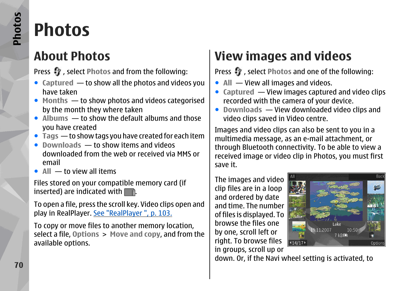 Photos, About photos, View images and videos | See "photos", p. 70, Ph ot os | Nokia N78 User Manual | Page 70 / 368