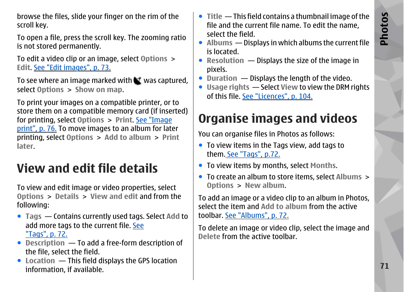 View and edit file details, Organise images and videos, Ph ot os | Nokia N78 User Manual | Page 71 / 368