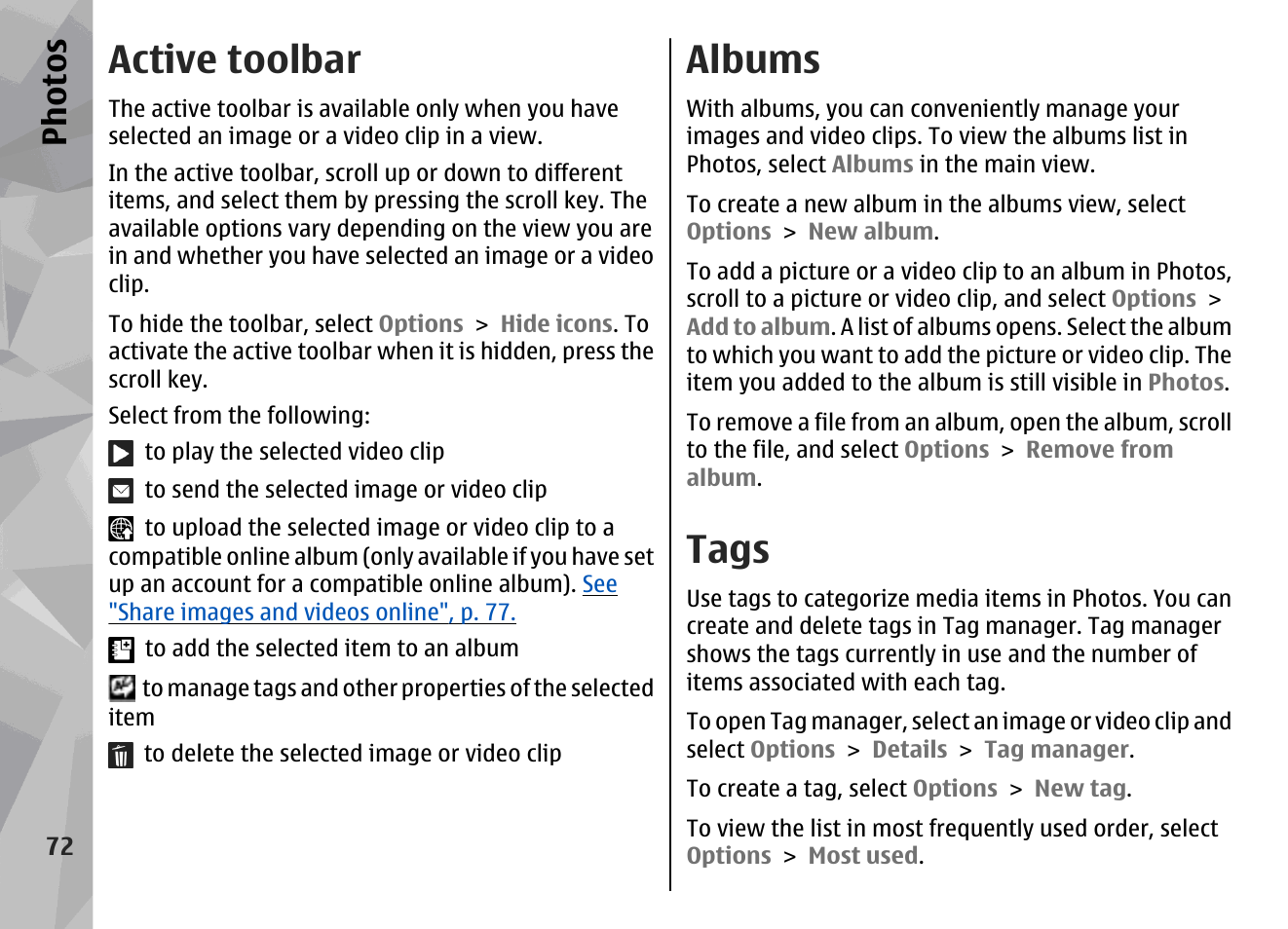 Active toolbar, Albums, Tags | Tions, Active toolbar", p. 72, Tags", p. 72, See "tags", p. 72, See "albums", p. 72, Ph ot os | Nokia N78 User Manual | Page 72 / 368