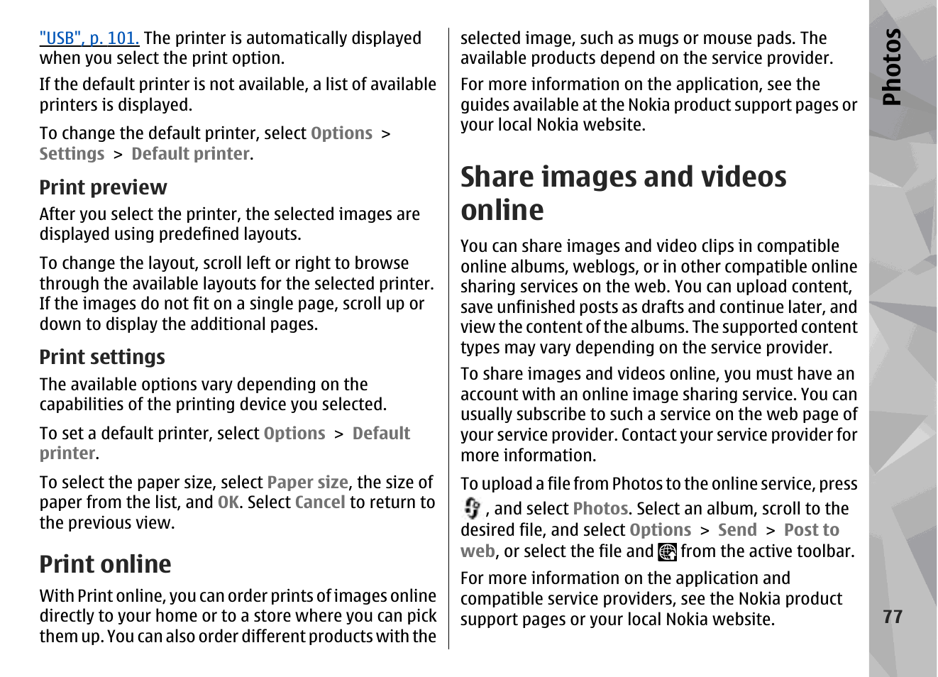 Print preview, Print settings, Print online | Share images and videos online, See "share images and, Videos online", p. 77, Bum), Share images and videos online", p. 77, Ph ot os | Nokia N78 User Manual | Page 77 / 368
