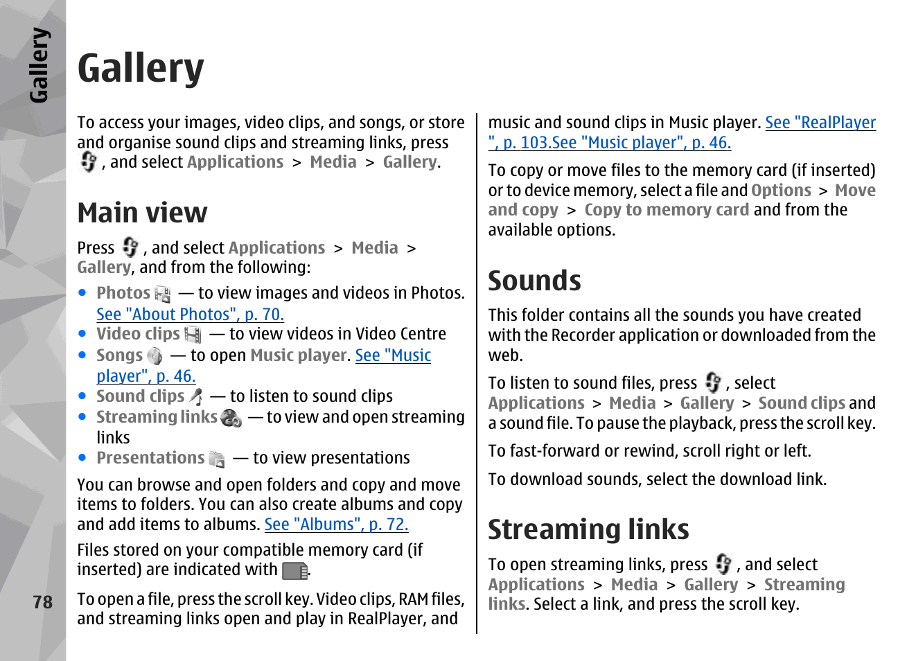Gallery, Main view, Sounds | Streaming links | Nokia N78 User Manual | Page 78 / 368