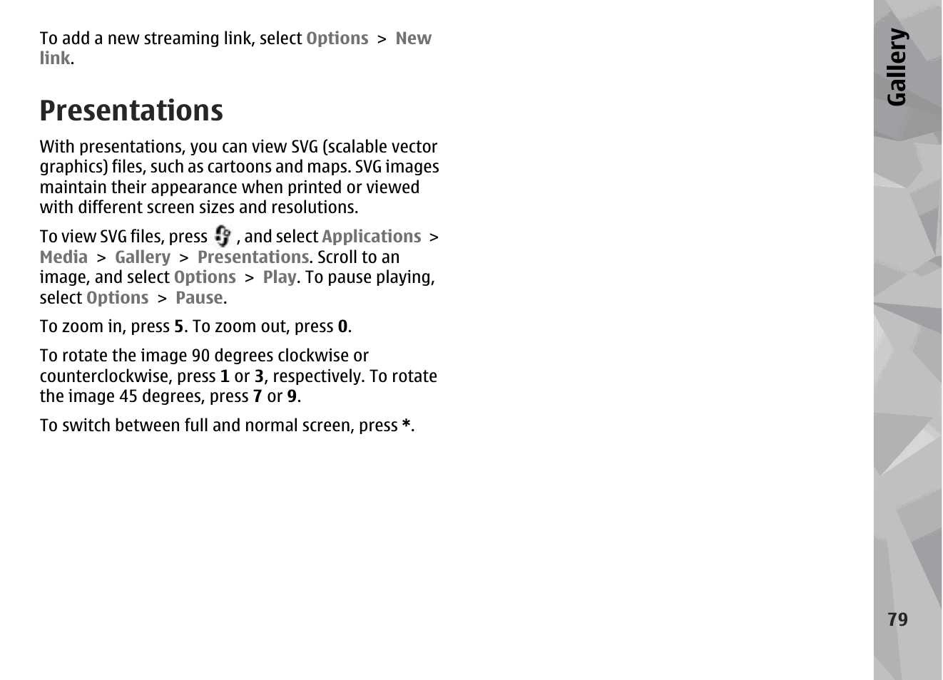 Presentations, Gallery | Nokia N78 User Manual | Page 79 / 368