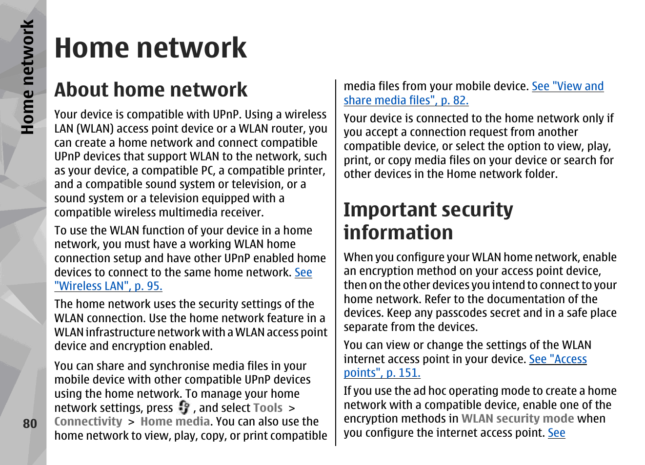 Home network, About home network, Important security information | Nokia N78 User Manual | Page 80 / 368
