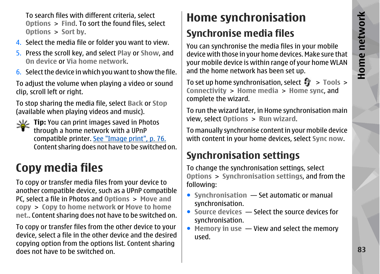 Copy media files, Home synchronisation, Synchronise media files | Synchronisation settings, Home network | Nokia N78 User Manual | Page 83 / 368