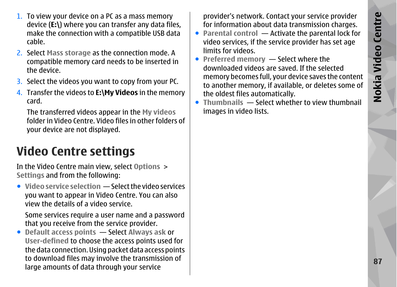 Video centre settings, Nokia video centre | Nokia N78 User Manual | Page 87 / 368