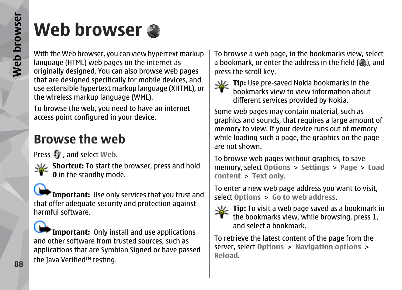 Web browser, Browse the web | Nokia N78 User Manual | Page 88 / 368