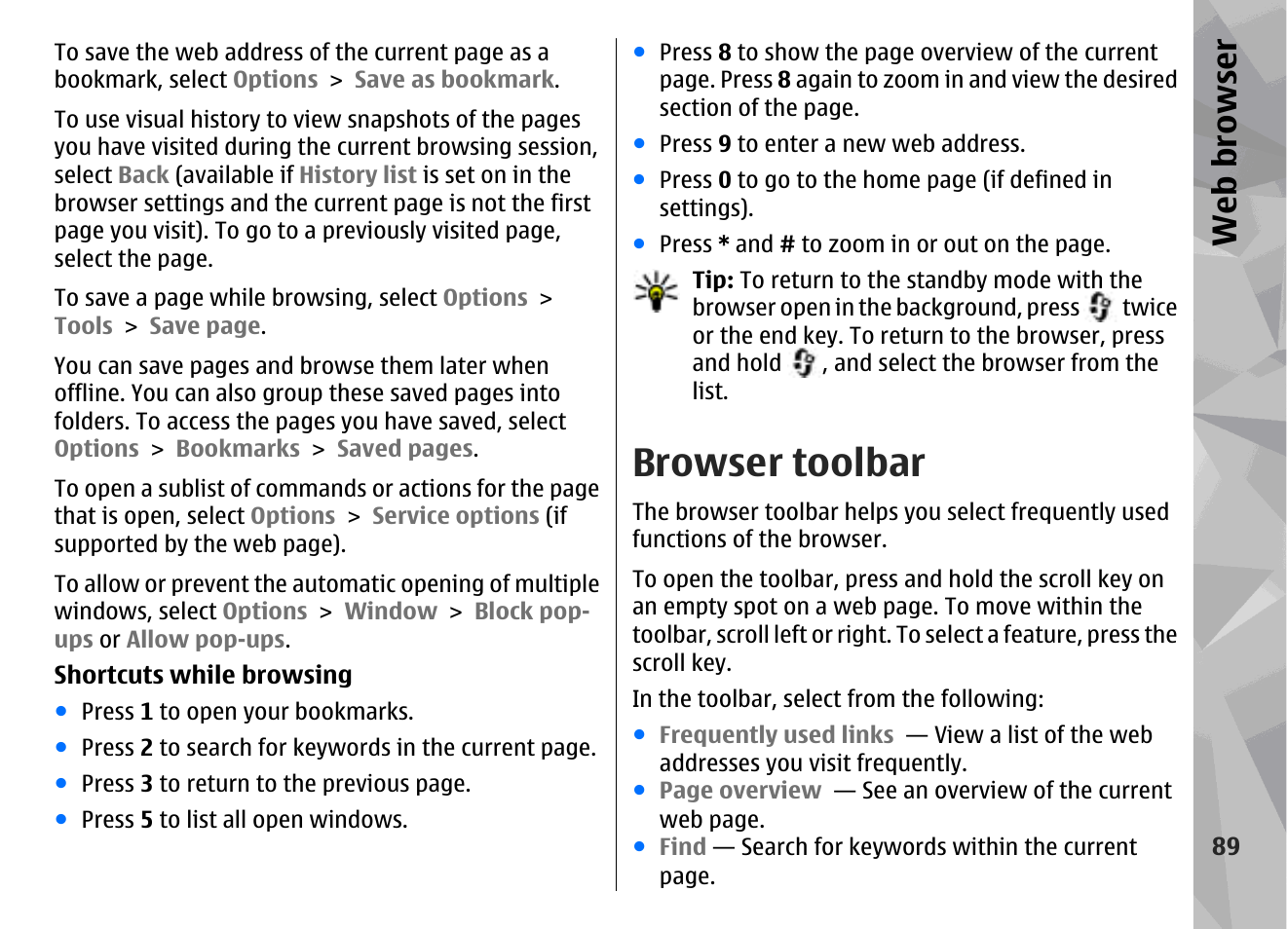 Browser toolbar, Web browser | Nokia N78 User Manual | Page 89 / 368