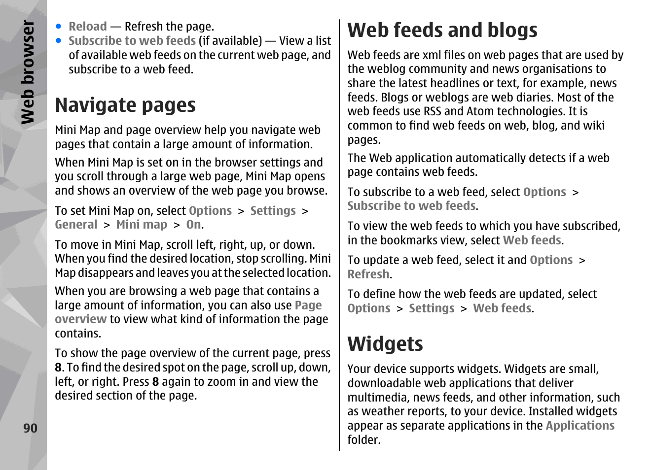 Web feeds and blogs, Widgets, Navigate pages | Web browser | Nokia N78 User Manual | Page 90 / 368