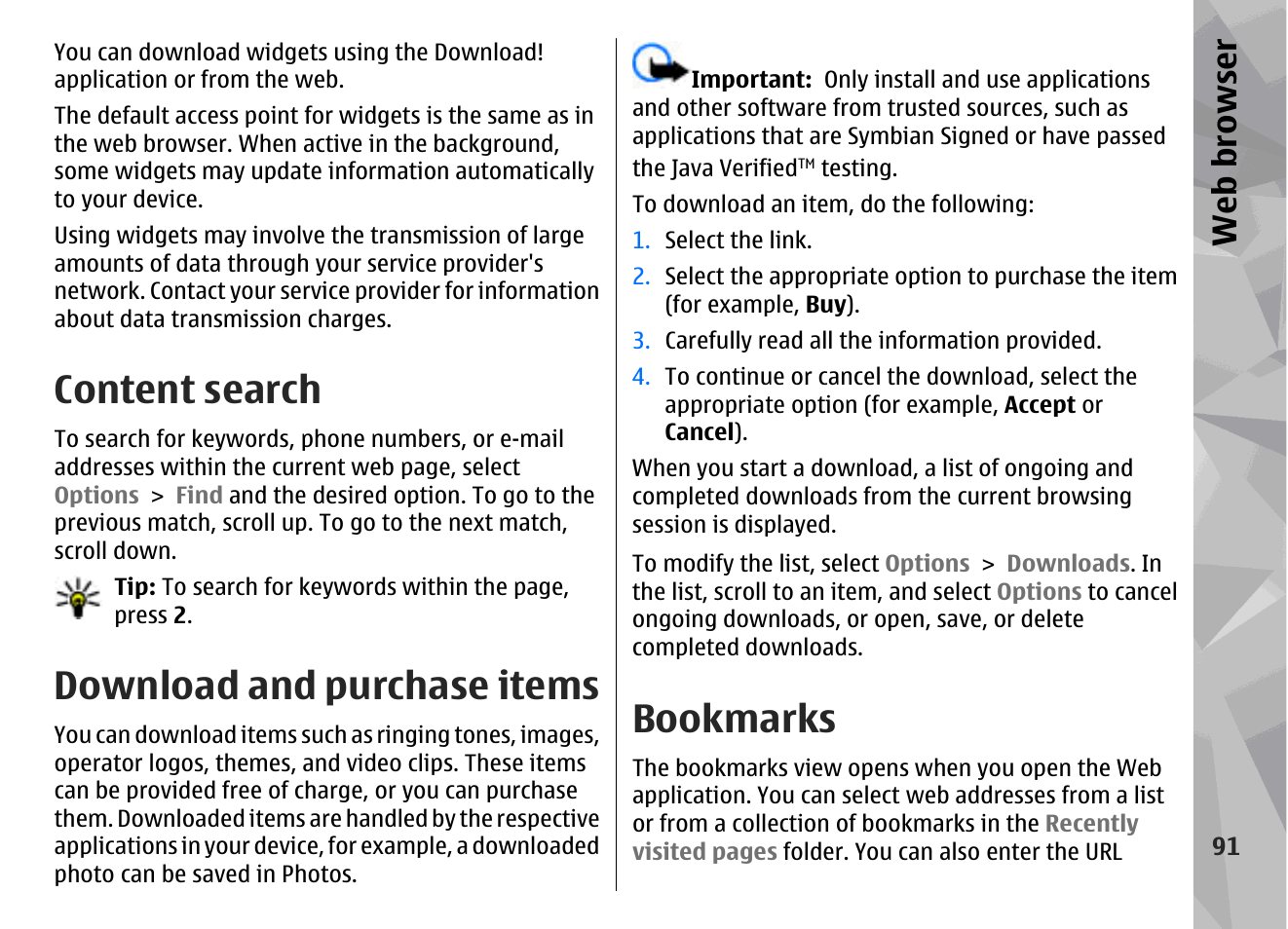 Content search, Download and purchase items, Bookmarks | Web browser | Nokia N78 User Manual | Page 91 / 368