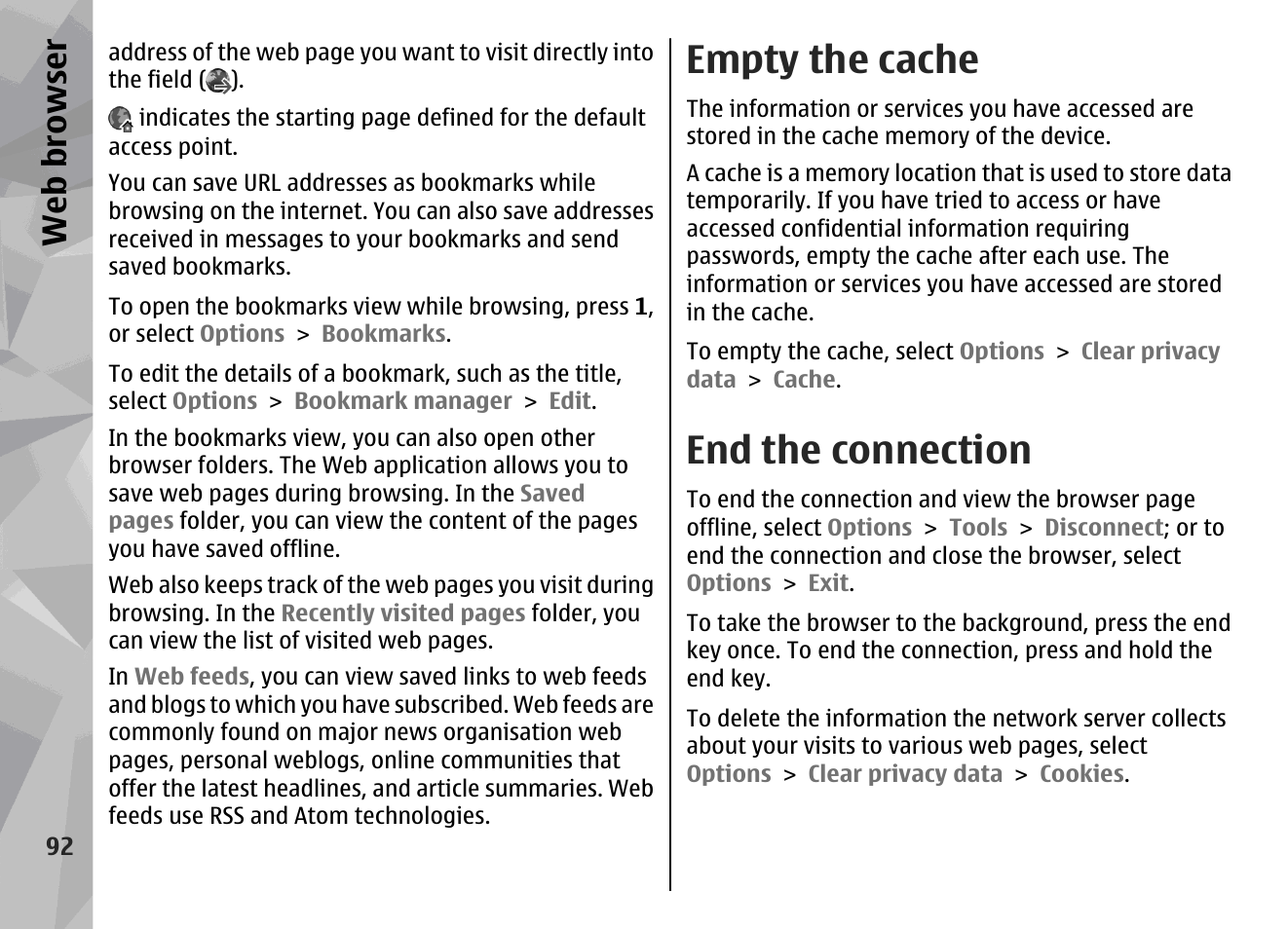 Empty the cache, End the connection, Web browser | Nokia N78 User Manual | Page 92 / 368
