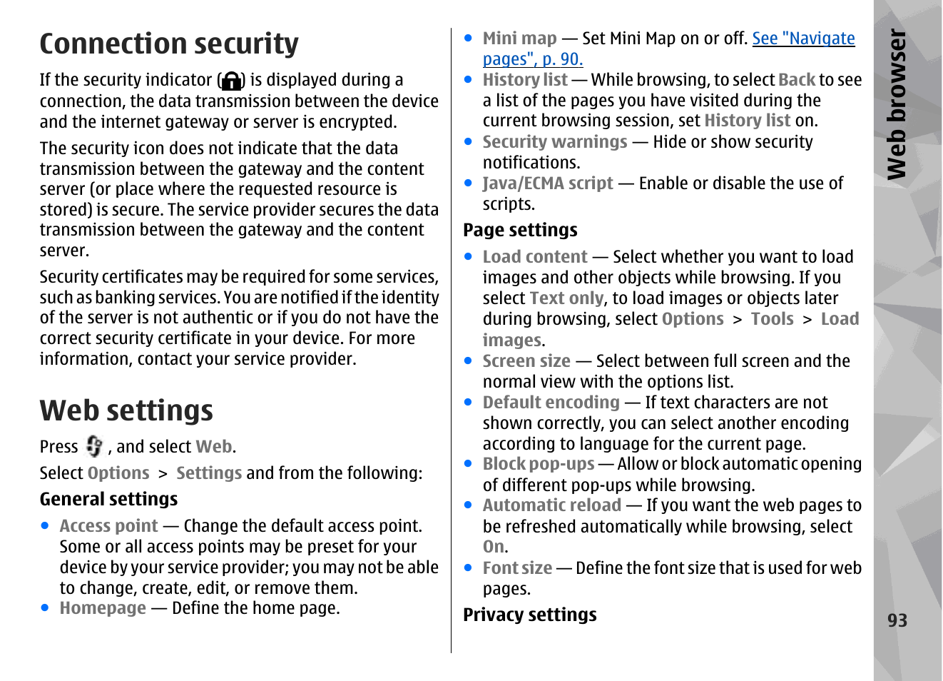 Connection security, Web settings, Web browser | Nokia N78 User Manual | Page 93 / 368