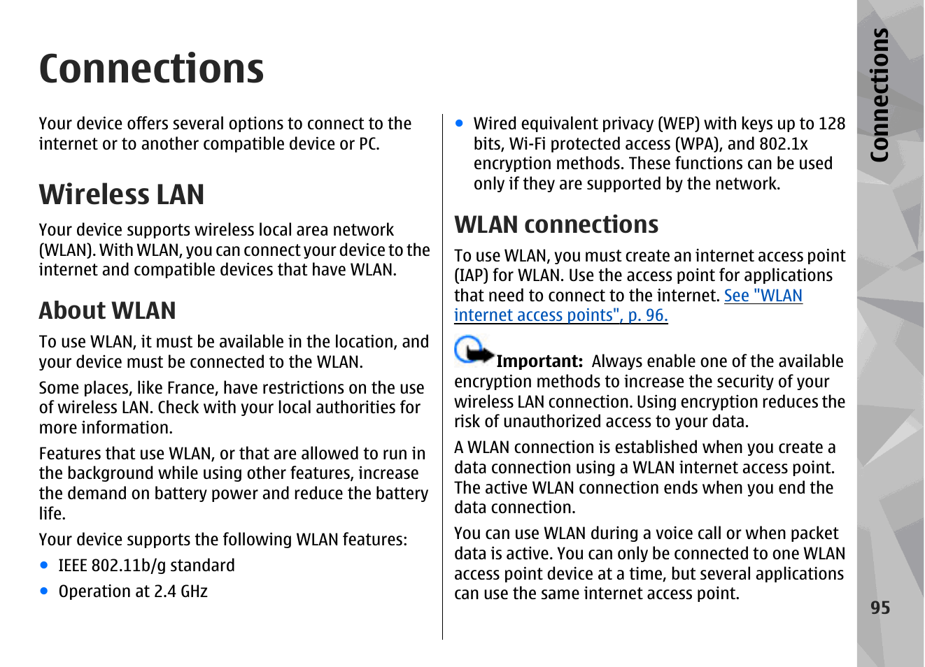 Connections, Wireless lan, About wlan | Wlan connections, See "wireless, Lan", p. 95, See "wireless lan", p. 95, About wlan", p. 95, Wireless lan", p. 95, Con nectio ns | Nokia N78 User Manual | Page 95 / 368
