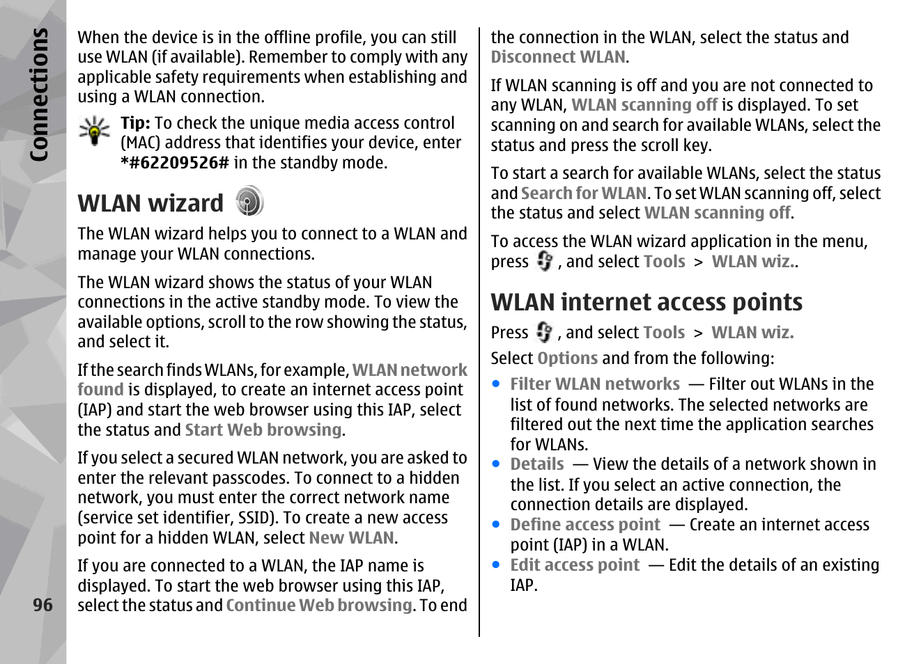 Wlan wizard, Wlan internet access points, See "wlan internet | Access points", p. 96, Con nectio ns | Nokia N78 User Manual | Page 96 / 368