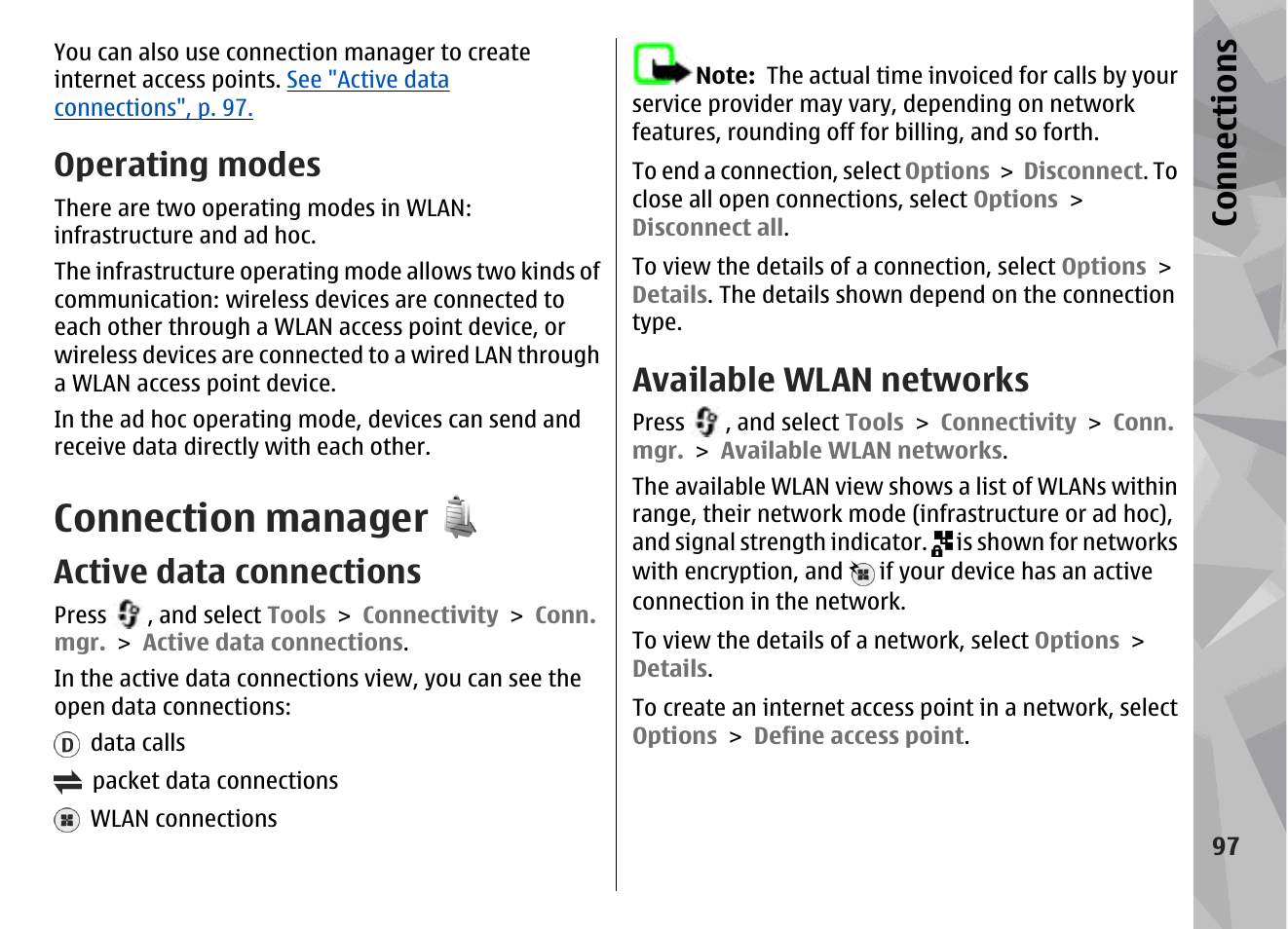 Operating modes, Connection manager, Active data connections | Available wlan networks, Con nectio ns | Nokia N78 User Manual | Page 97 / 368