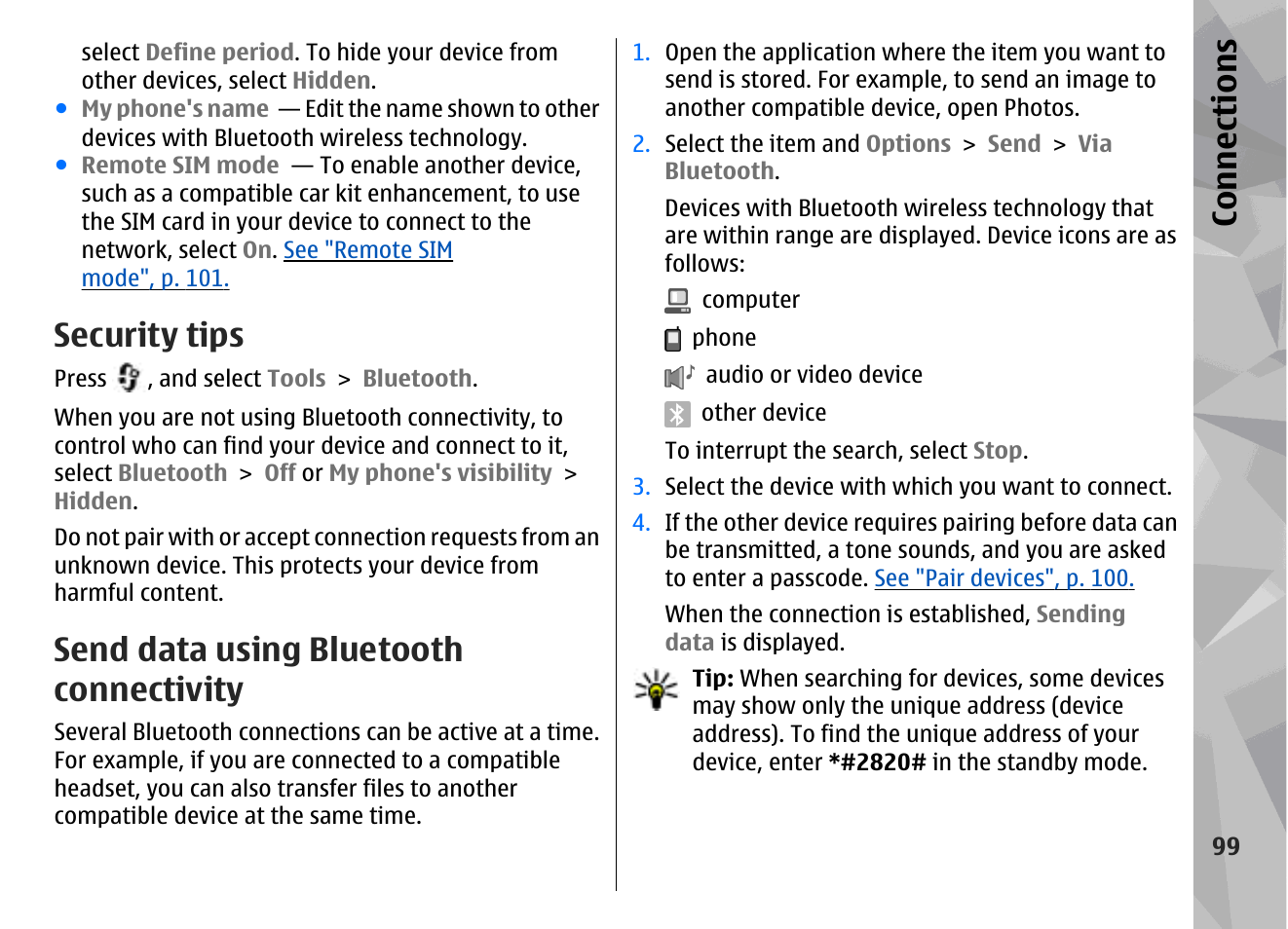 Security tips, Send data using bluetooth connectivity, See "send data using bluetooth | Connectivity", p. 99, Ivity, Send data using bluetooth connectivity", p. 99, Con nectio ns | Nokia N78 User Manual | Page 99 / 368