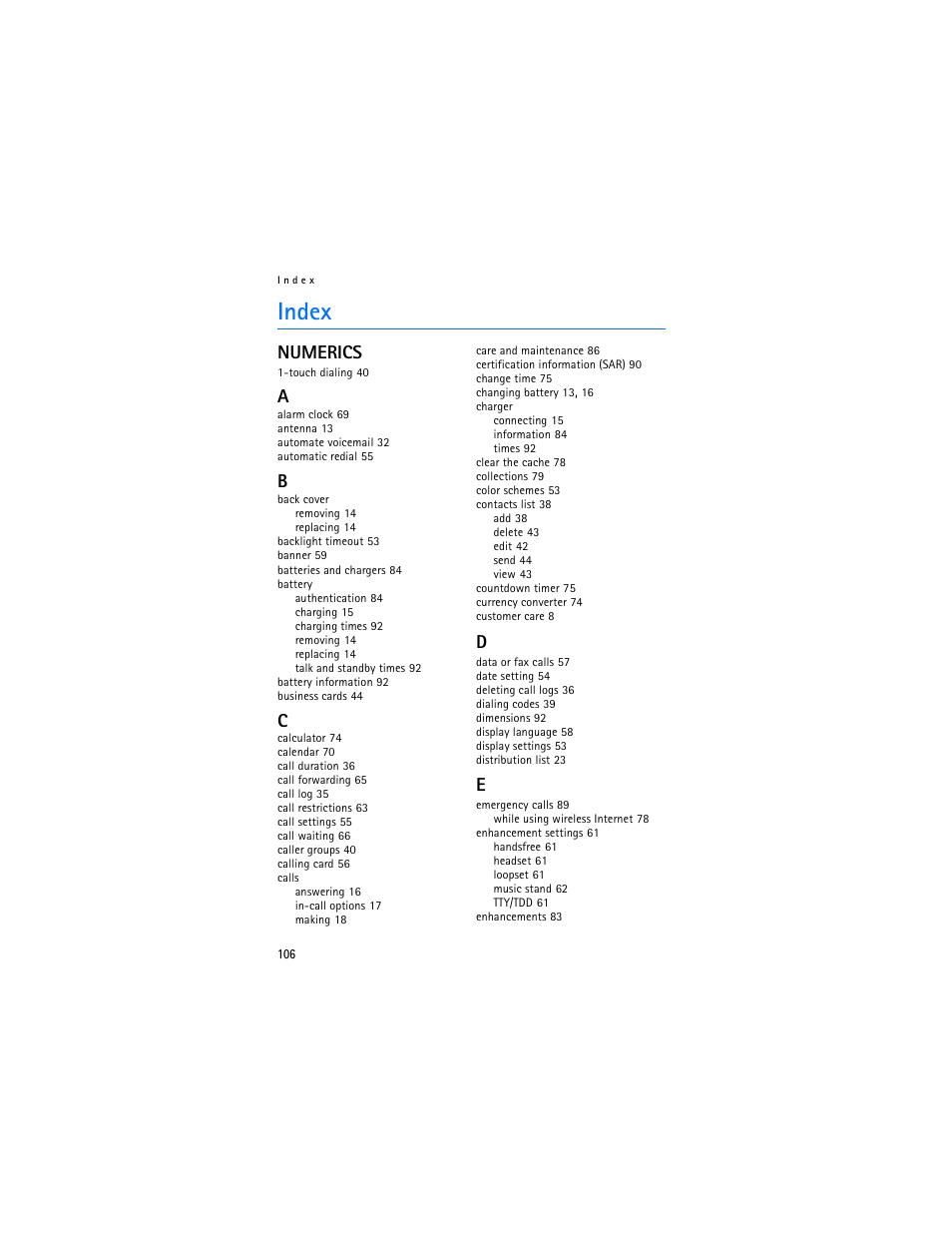 Index, Numerics | Nokia 6235i User Manual | Page 107 / 233