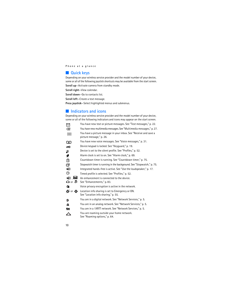 Quick keys, Indicators and icons | Nokia 6235i User Manual | Page 11 / 233
